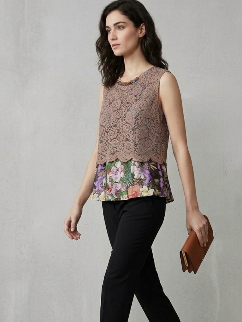 Beatrice B Italy Silk & Lace Layered Sleeveless Top With Orchids Print